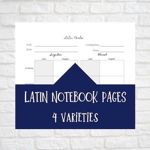 May include: A white paper worksheet for Latin verbs featuring a header with the text Latin Verbs, followed by fields for Verb, Conjugation, Stem, and Tense. Below are two tables labeled Singular and Plural, divided into Latin and English columns.
