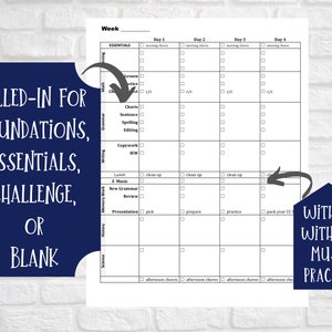 May include: A black and white weekly planner grid featuring columns for four days and rows for subjects including Math, Grammar, Writing, Memory Work, History, and Science. The document includes checkboxes for tasks and text labels for daily routines.