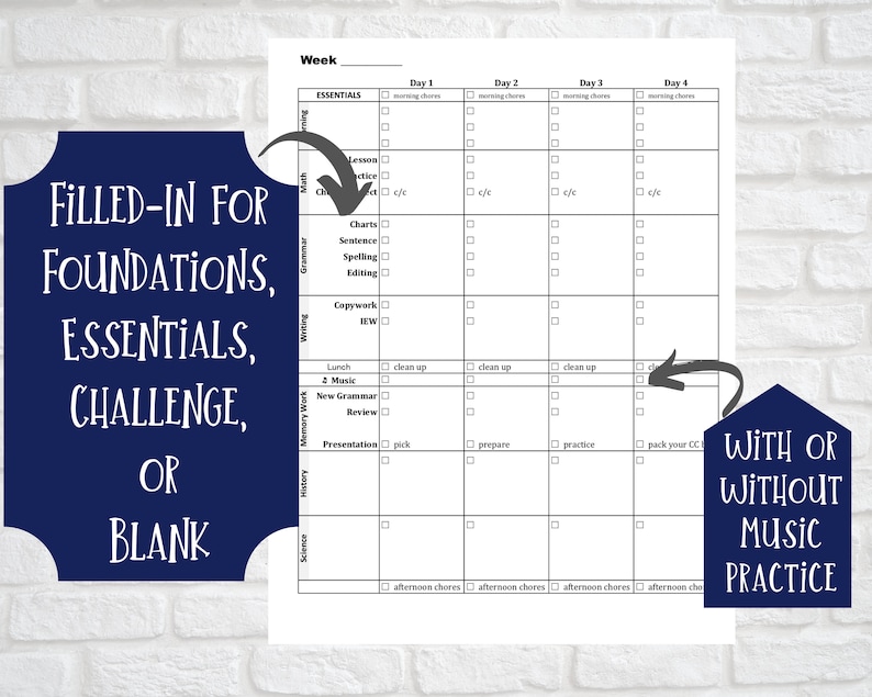 May include: A black and white weekly planner grid featuring columns for four days and rows for subjects including Math, Grammar, Writing, Memory Work, History, and Science. The document includes checkboxes for tasks and text labels for daily routines.