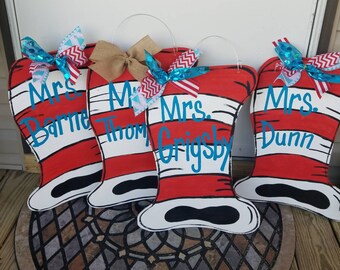 Cat in the hat dr seuss wooden or burlap door hanger