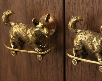 Skateboard Corgi solid brass drawer knob,Puppy cabinet knob,furniture replacement handle,Custom Engraved Dog wardrobe dresser pull