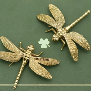 Könnte beinhalten: Zwei goldfarbene Libellen-Ornamente mit detaillierten Flügeln und Körpern werden auf einer strukturierten grünen Oberfläche gezeigt. Der Text "MADE BY DAVID" ist auf einer der Libellen zu sehen. Ein hellgrünes vierblättriges Kleeblatt ist ebenfalls vorhanden.