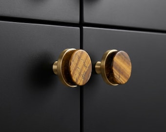 Tiger eye stone with brass base drawer knobs,Kitchen cupboard handles,Flat cabinet knobs,furniture improvement pulls,Unique dresser pulls