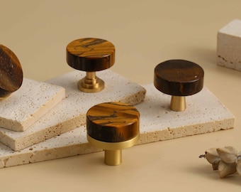 Natural stone with brass base drawer knobs,Flat cabinet knobs,furniture improvement pulls,Unique dresser pulls,Kitchen cupboard handles