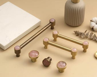 Pink Quartz antique brass handles,Solid brass drawer pull with pink quartz,Improvement door knob,cupboard door handle,Kitchen dresser pulls