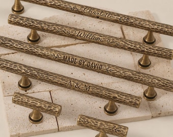 Custom Engraved Hammered antique brass cabinet pulls,furniture knobs,kitchen brass handles,T bar brass handles,Wardrobe door solid pulls