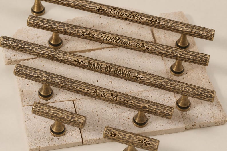 Custom Engraved Hammered antique brass cabinet pulls,furniture knobs,kitchen brass handles,T bar brass handles,Wardrobe door solid pulls