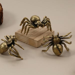 以下が含まれることがあります： 金色のクモの置物のコレクション。足や体に詳細な装飾が施されています。1匹のクモが小さな木のブロックの上に置かれています。これらのクモは、装飾品や収集品として使用される可能性があります。