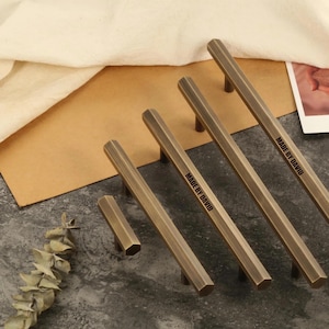 Hexagon cabinet drawer handles,cupboard T bar knobs,modern solid brass pulls,Custom Engraved brass wardrobe knobs,minimalist dresser handles