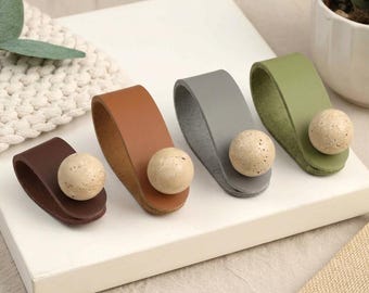 Leather pull with Travertine round ball,Minimalist cabinet handles,furniture improvement knobs,Leather cupboard knob,Drawer dresser pulls