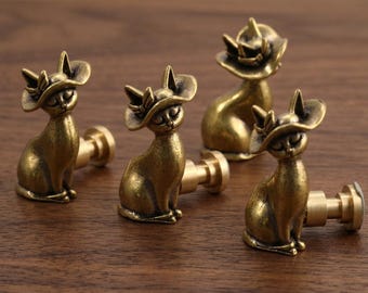 Elegant cat solid brass drawer knobs,Nursery cabinet knobs,Custom Engraved furniture replacement handles,wardrobe dresser knobs,Door pulls
