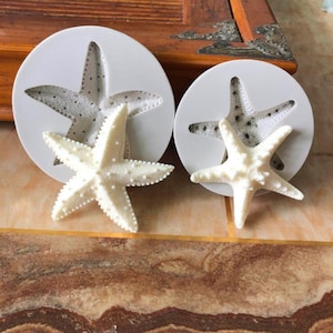 May include: Two white silicone molds for making starfish-shaped decorations. The molds are round and have a raised starfish design. Two white starfish are sitting on top of the molds.