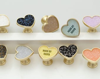 Heart glitter brass knobs,glitter drawer solid brass knobs,black white pulls,Custom Engraved furniture replacement knobs,drawer handles
