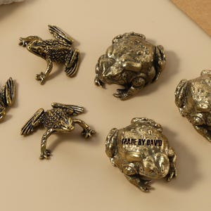 May include: Six bronze frog ornaments are displayed on a neutral surface. Three are in a crawling pose, and three are sitting. The frog figurines have a textured finish. One frog has the text "MADE BY DAVID".