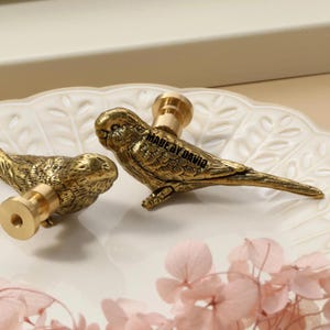 May include: Two brass bird-shaped cabinet knobs. The knobs are detailed with feathers and have a cylindrical base. The text "MADE BY DAVID" is visible on one of the birds. The knobs are on a white, patterned plate.