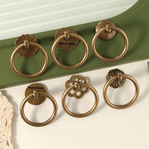 Hollow flower base door ring pulls,Ring drop drawer knobs,Antique brass dresser pulls,Custom Engraved Flat base cabinet wardrobe handles