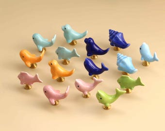 Ceramic Ocean Animal  nursery knobs,Conch kids room cabinet knobs,furniture improvement replacement pulls,Dolphin Whale Seal drawer handles