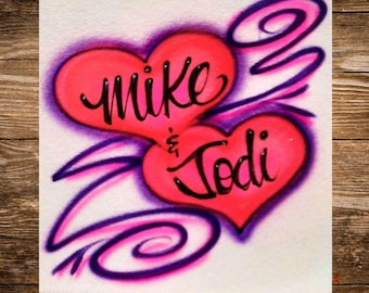 Custom Airbrush Double Heart Couples T-Shirt – Personalized – Valentine Gift Shirt, Hand-Painted Love Design