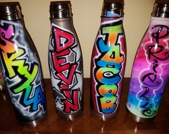 Water Bottle, Custom Painted, Stainless Steel, Vacuum Copper Water Bottle, Airbrushed, Graffiti, Neon, 90's, Funky Birthday Gift