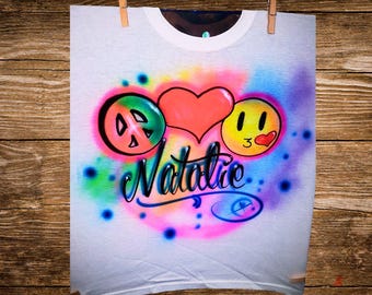 Custom Airbrush Peace Love Happiness Shirt – Graffiti Emoji T-Shirt – Personalized Neon Colors,  Hand-Painted