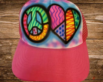 Hand-Painted Peace Love Trucker Hat – Pop Art Airbrush Cap