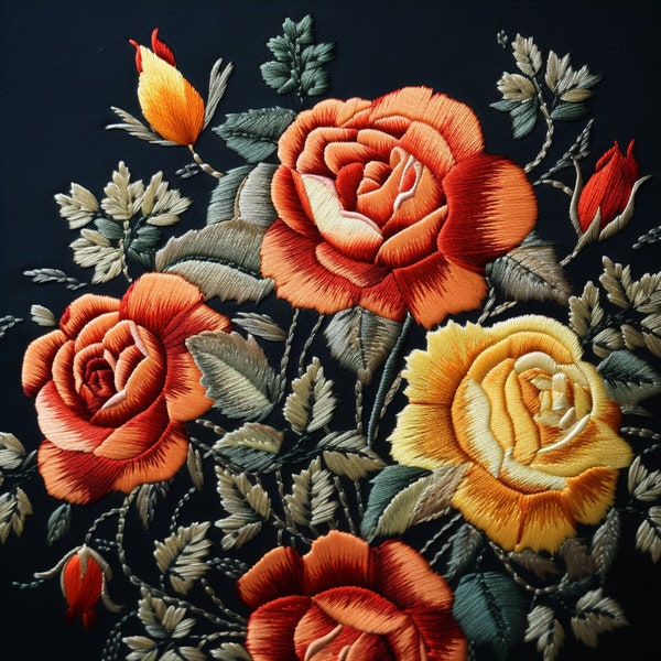 Digital print wall art roses embroidery