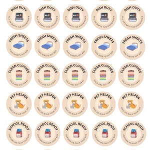 May include: Thirty-six round, beige chore chart stickers with black text and colorful illustrations. The stickers feature phrases like "Shoe Organizer", "Dish Duty", "Fresh Sheets", "Clean Clothes", "Pet Helper", "School Ready", and "Superstar Helper".