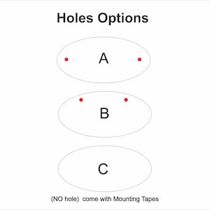 May include: Diagram showing three options for mounting holes. Option A has two holes, option B has two holes, and option C has no holes. The text below the diagram reads "(NO hole) come with Mounting Tapes".