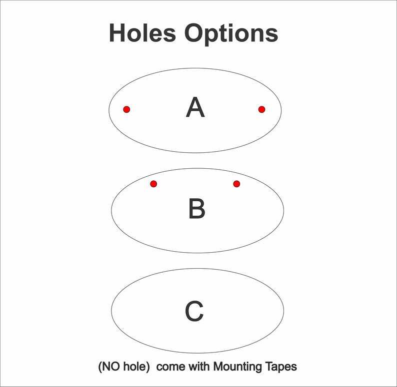 May include: Diagram showing three options for mounting holes. Option A has two holes, option B has two holes, and option C has no holes. The text below the diagram reads "(NO hole) come with Mounting Tapes".