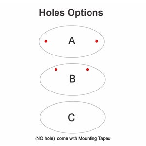 May include: Diagram showing three options for mounting holes. Option A has two holes, option B has two holes, and option C has no holes. The text below the diagram reads "(NO hole) come with Mounting Tapes".