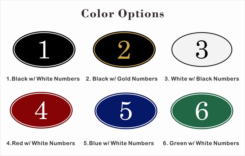 May include: Six oval-shaped signs with different color backgrounds and white or gold numbers. The signs are numbered 1 through 6. The colors are black, gold, white, red, blue, and green.