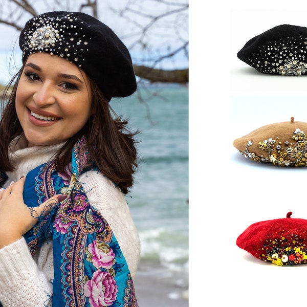 Beaded Hat, Beaded Beret, Embroidered Hat, Wool Hat, Wool Beret
