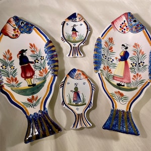 Henriot Quimper Hand Painted Faience Fish Serving Set with Rare Sauce Dishes Breton Figures Botanicals Vintage 1950s French Pottery Signed