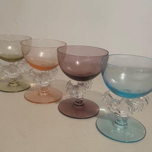 Vintage Morgantown Chanticleer Rooster Cocktail Glasses Set of 4 - 1940s Tinted Coupe Glasses with Colorful Bases - Unique Barware