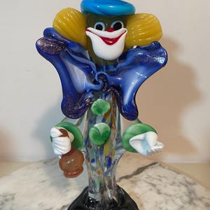 Handblown Murano Glass Clown Figurine with Bow, Buttons & Bottle - Vintage Italian Art Glass Collectible - Colorful One-of-a-Kind Piece