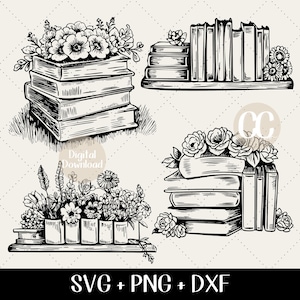 Floral Books Bundle SVG PNG DXF, Books and Wildflowers svg, Books bundle svg, Book Lover Bundle, Stack of Books, Booktrovert Bundle