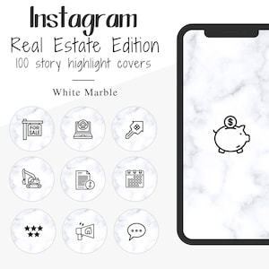 100 copertine di evidenziazione della storia di Instagram in marmo bianco - Edizione immobiliare, icone di evidenziazione della storia di Instagram minimalista, semplici icone degli agenti immobiliari