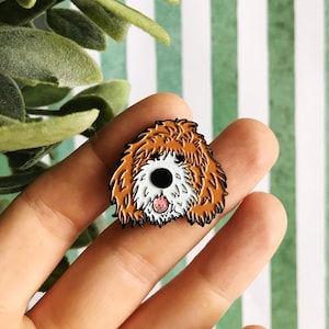 white apricot parti doodle dog soft enamel lapel pin