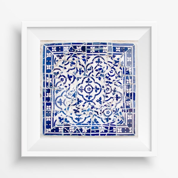 Barcelona Print Mosaic - Barcelona Print - Travel Photography -  Spanish Tile Print - Blue White Digital Download - Minimalist Europe Print