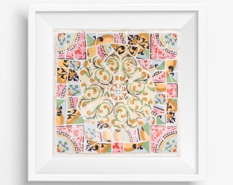May include: A framed mosaic tile artwork with a colorful floral design in shades of pink, blue, green, and yellow. The mosaic is made up of small, irregular pieces of tile.