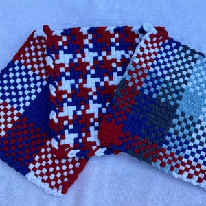 Woven potholders, trivet, hot pads, kitchen items, patriotic, hostess gifts