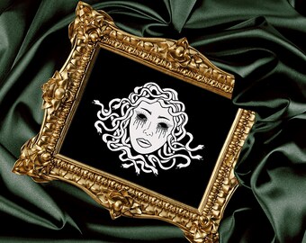 蛇の女神のプリント、メデューサの頭、メデューサの壁画、ギリシャ神話、ダークアート、神話上の生き物、ゴシックイラスト、ギリシャの女神