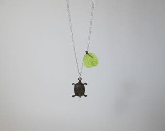 Brass "Turtle Treat" Necklace with Glass Leaf on Silver