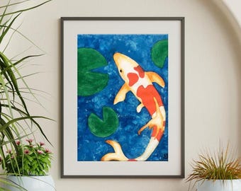 Koi Fish Acrylic Painting Print, Japanese Wall Art, Zen Decor