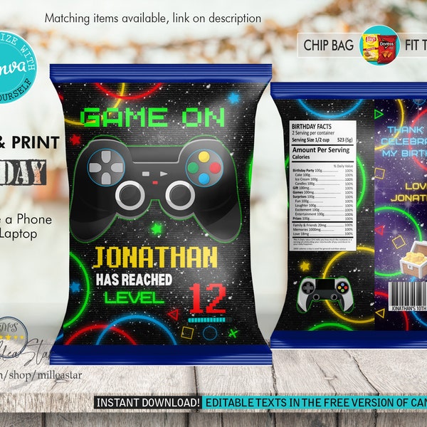 Video Game Birthday Chip Bag Wrapper Labels, Favor Bag, Chip Bag Template, Editable in Canva