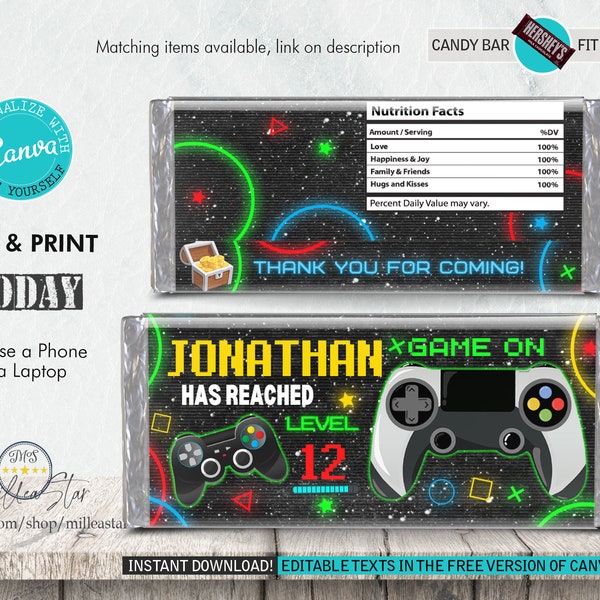 Video Game Birthday Candy Bar Wrapper, Chocolate Wrapper Template, Editable in Canva