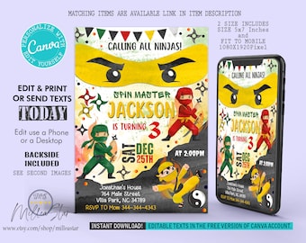 Ninja Birthday Invitation, Birthday Party Invite, Mobile Invitations, Digital Invitation, Editable in canva