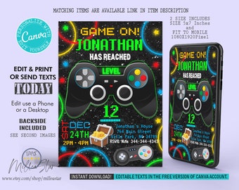 Video Game Birthday Invitation, Games Invite, Mobile Invitations, Digital Invitation, Editable in canva