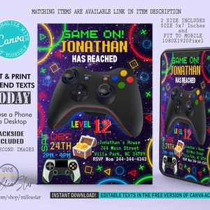 Video Game Birthday Invitation, Party Invite, Mobile Invitations, Digital Invitation, Editable in canva