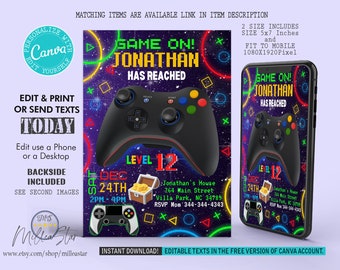 Video Game Birthday Invitation, Party Invite, Mobile Invitations, Digital Invitation, Editable in canva